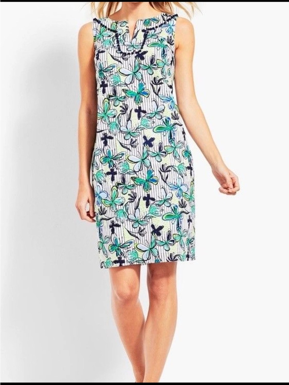 Talbots Butterfly Classic White Sleeveless Shift Dress Green & Blue Floral 12P